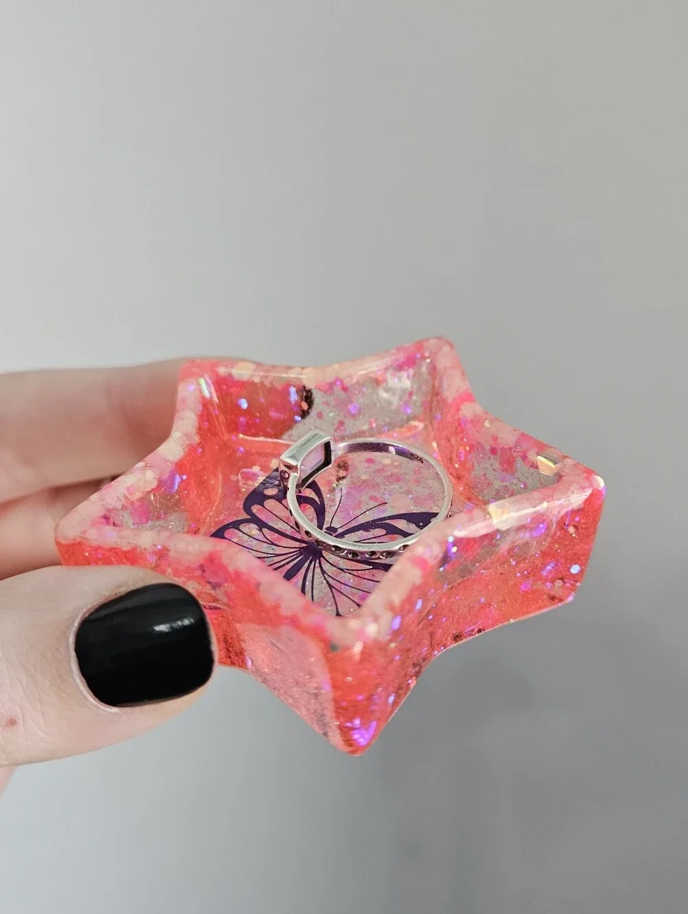 Handmade Pink Star Mini Resin Ring Dish Glow In The Dark Purple Butterfly